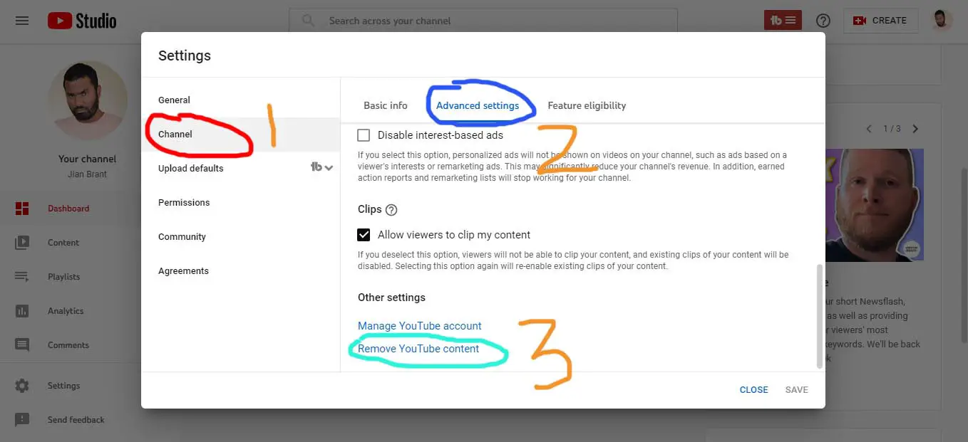 Delete YouTube Channel Creator Studio Settings